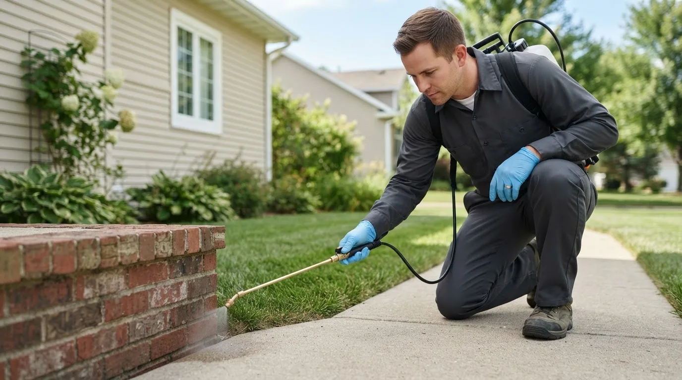 Pest control technician treating a home near Calera, OK