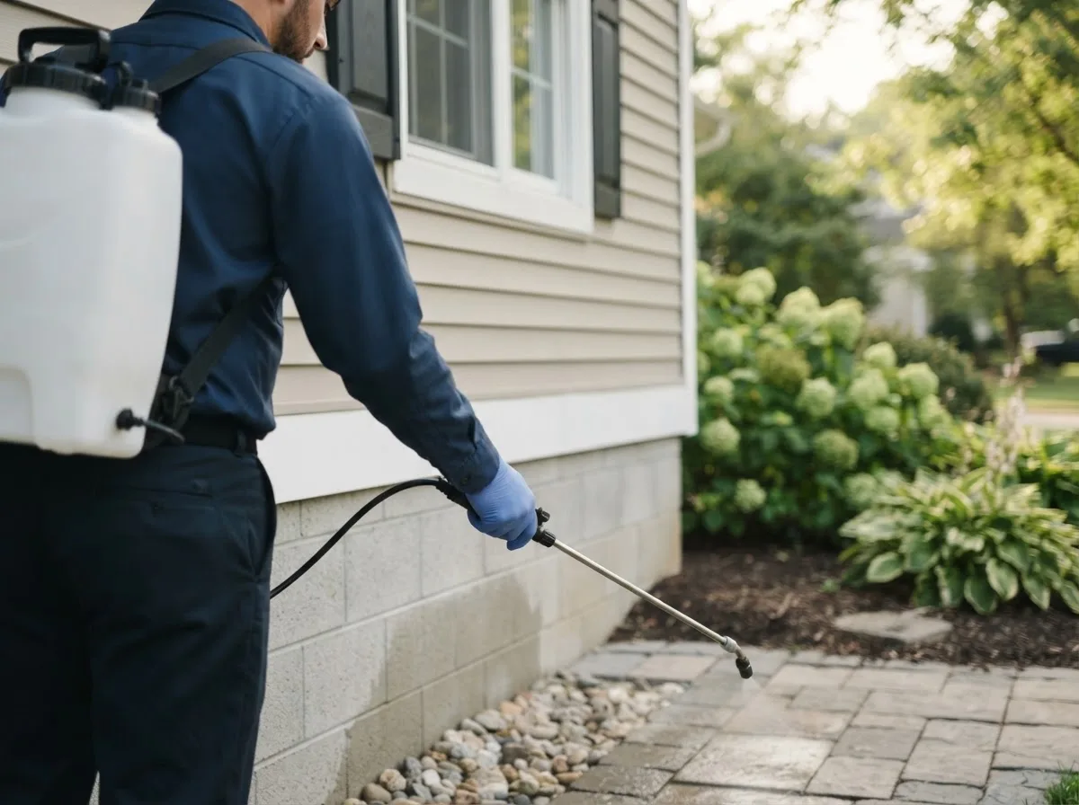 Pest control technician inspecting a home in Calera, OK